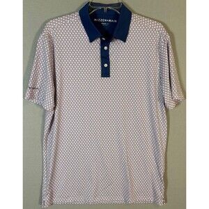 NWOT Mizzen Main Versa Polo Mens M White Blue Geometric Trim Fit Performance